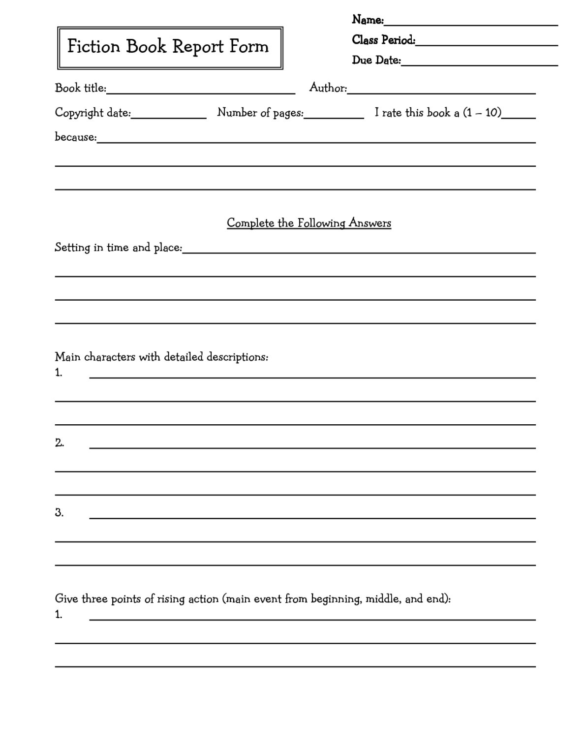 book report writing frame middle school pdf