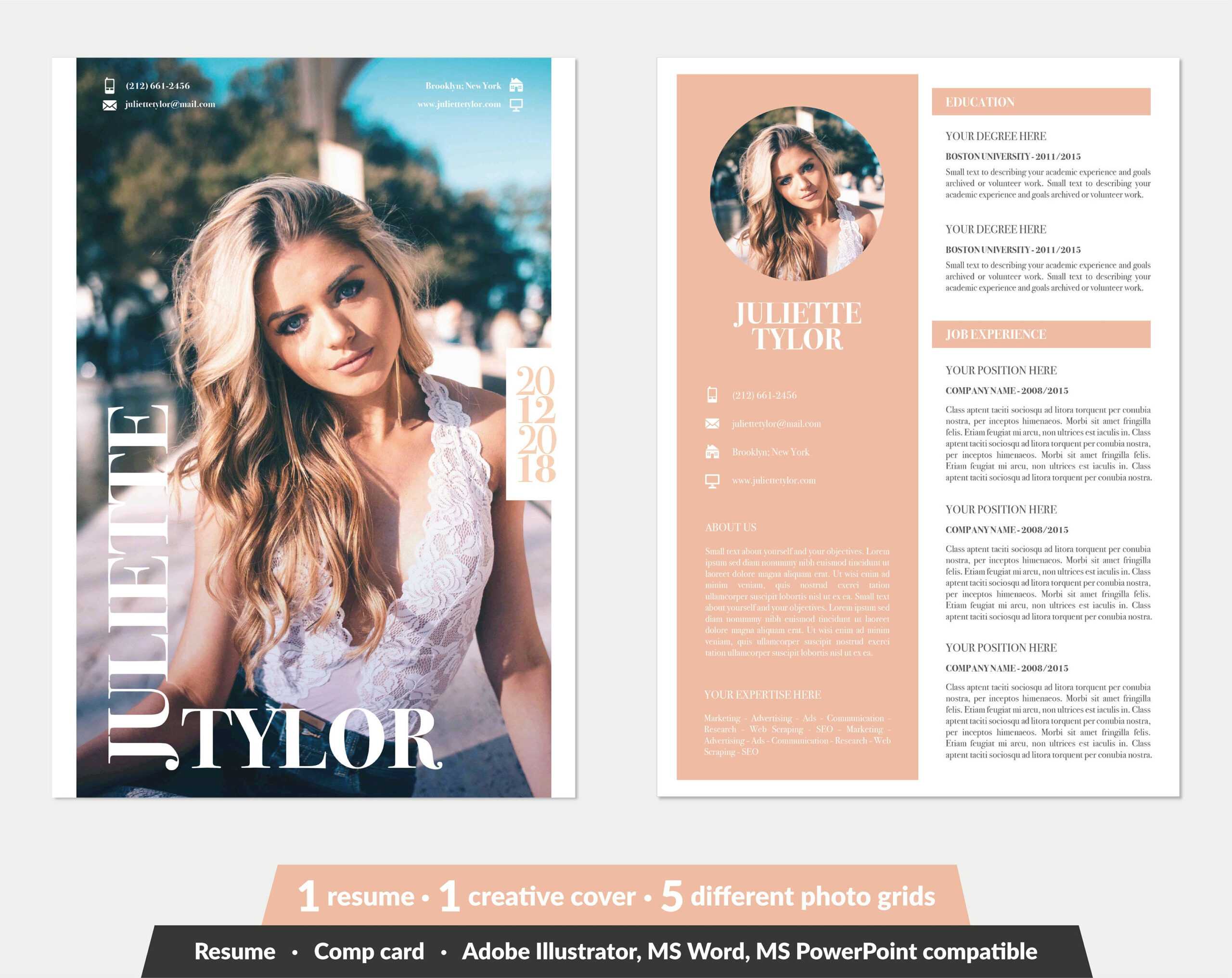 Modeling Comp Card | Fashion Model Comp Card Template (5 Different Grid  Layout) | Word, Powerpoint, Illustrator | Instant Download Intended For Download Comp Card Template