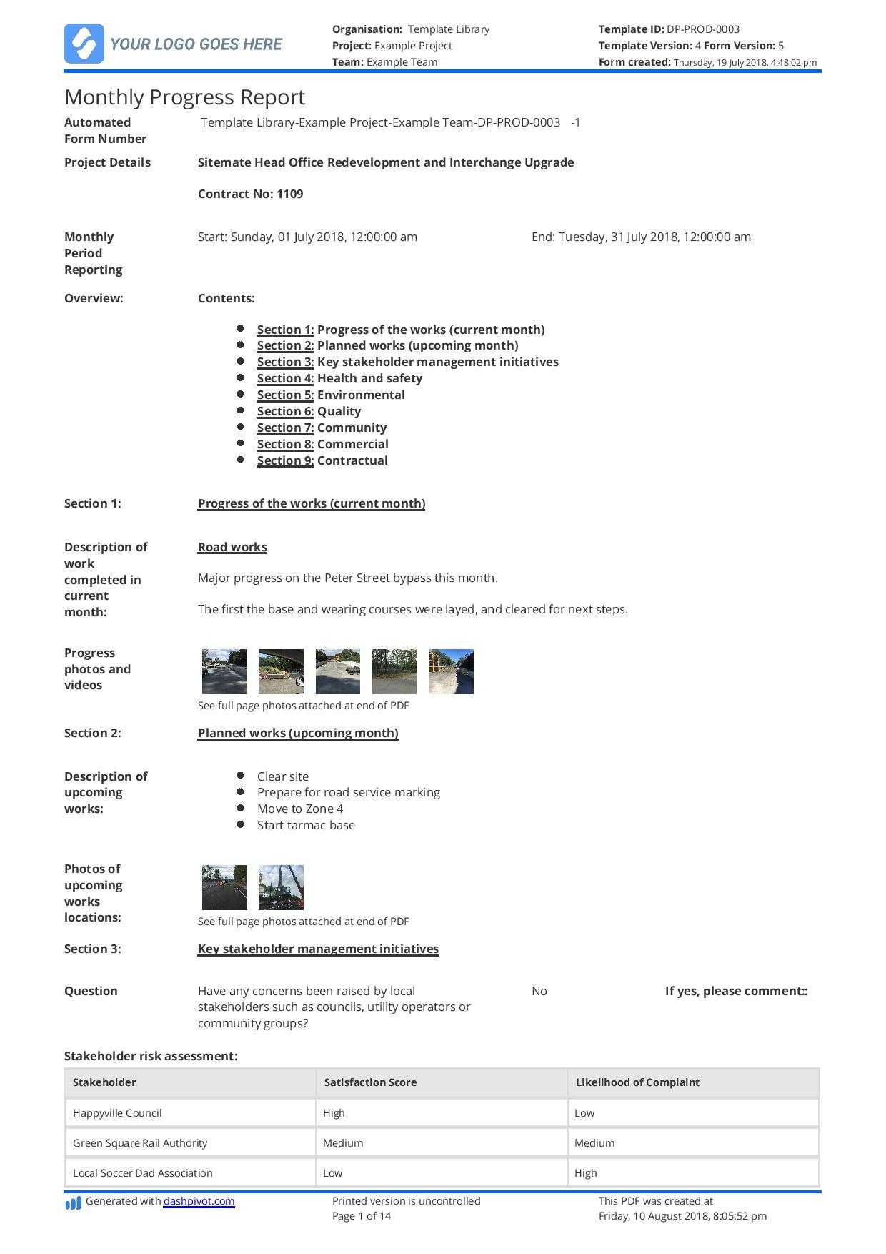 Monthly Construction Progress Report Template: Use This With Engineering Progress Report Template