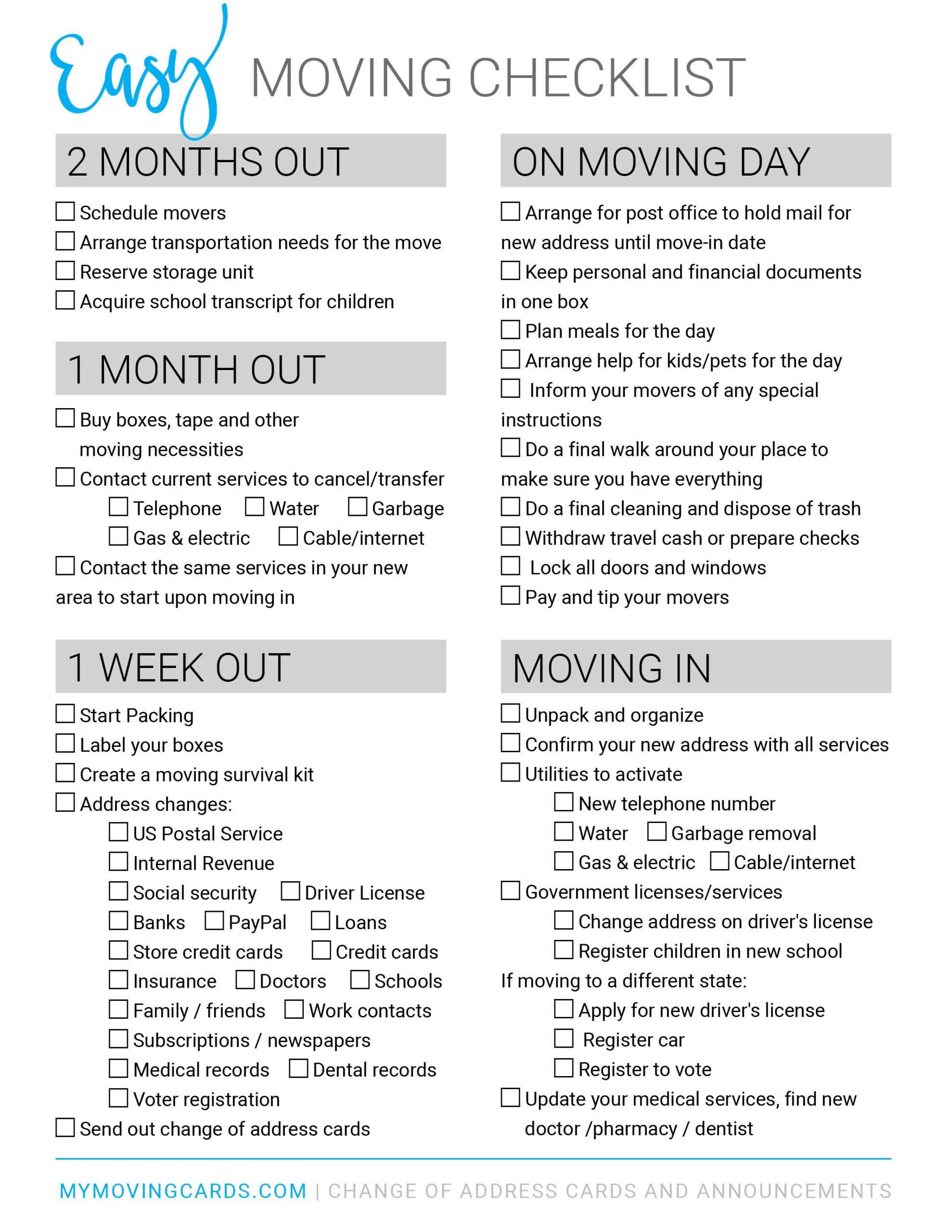 Moving House Checklist Spreadsheet Free Printable Download In Moving House Cards Template Free
