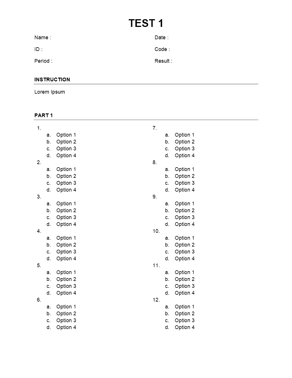 Multiple Choice Sheet Regarding Test Template For Word With Regard To Test Template For Word