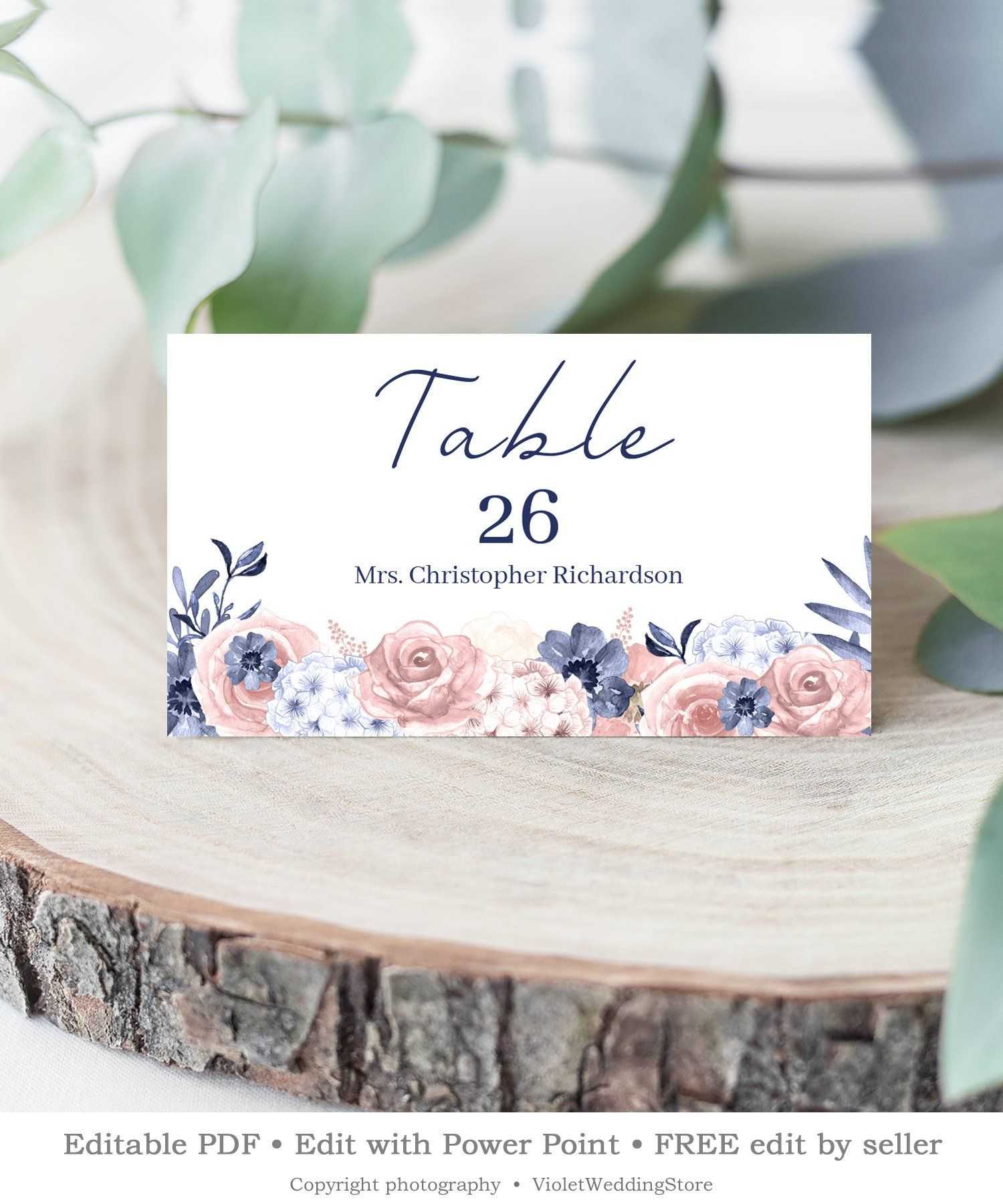 Navy Wedding Place Card, Blush Pink Floral Name Card With Regard To Table Place Card Template Free Download