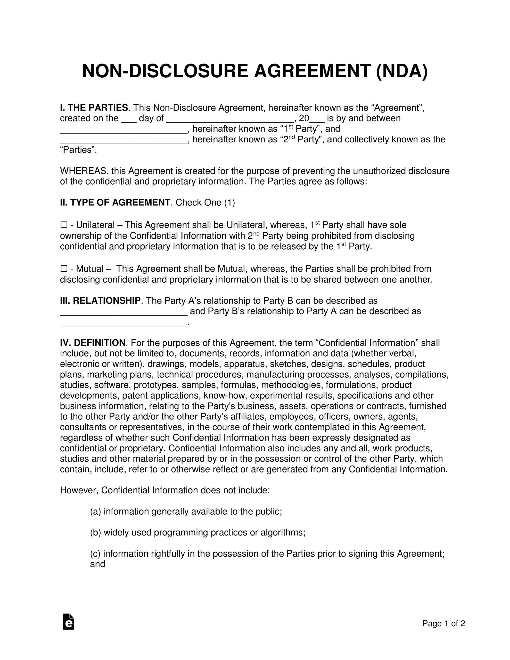 Non Disclosure (Nda) Agreement Templates | Eforms – Free Intended For Nda Template Word Document