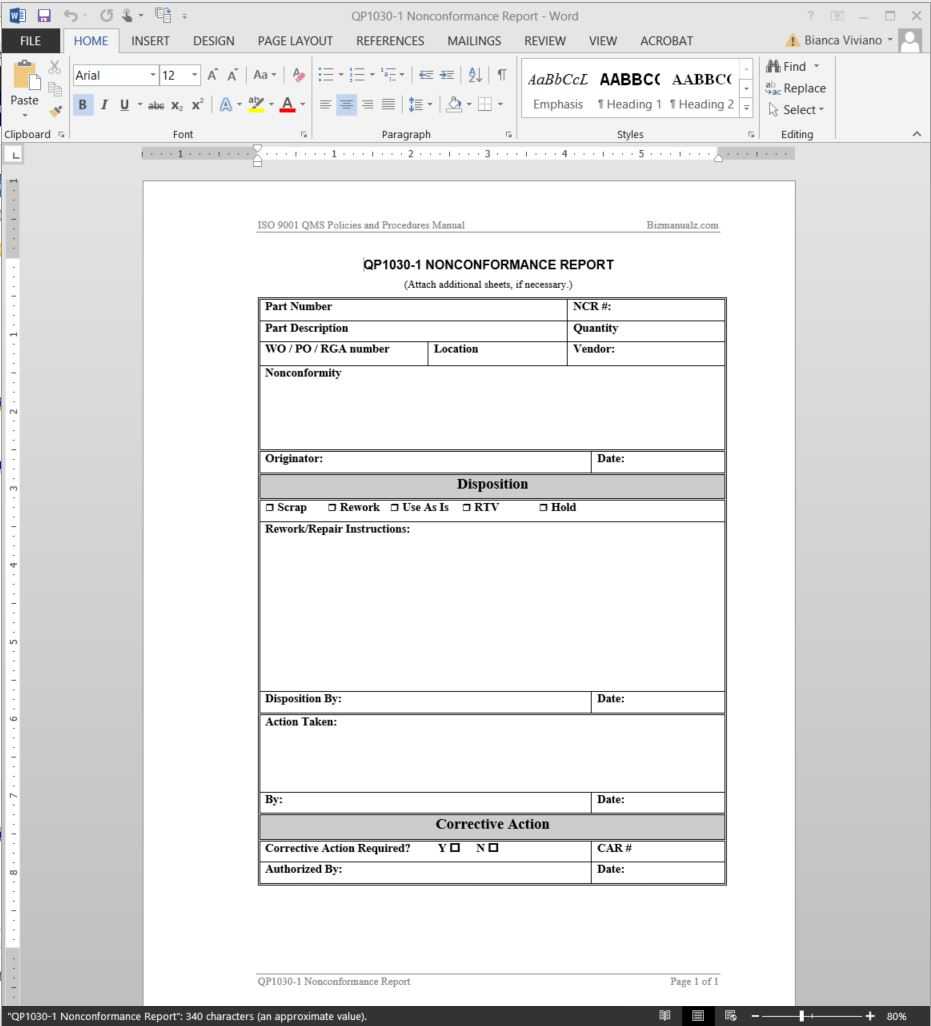 Nonconformance Report Iso Template | Qp1030 1 Inside Report Template Word 2013