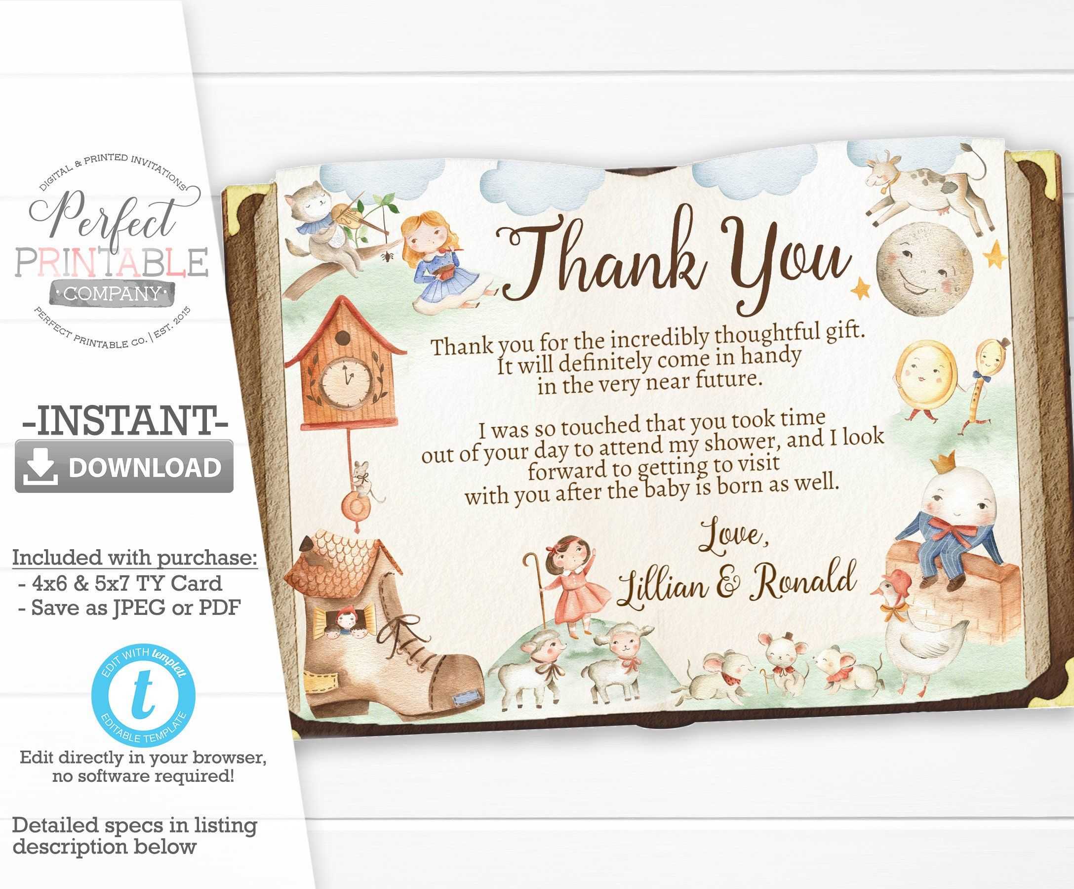 Nursery Rhyme Baby Shower Thank You Card, Mother Goose Thank Intended For Thank You Card Template For Baby Shower