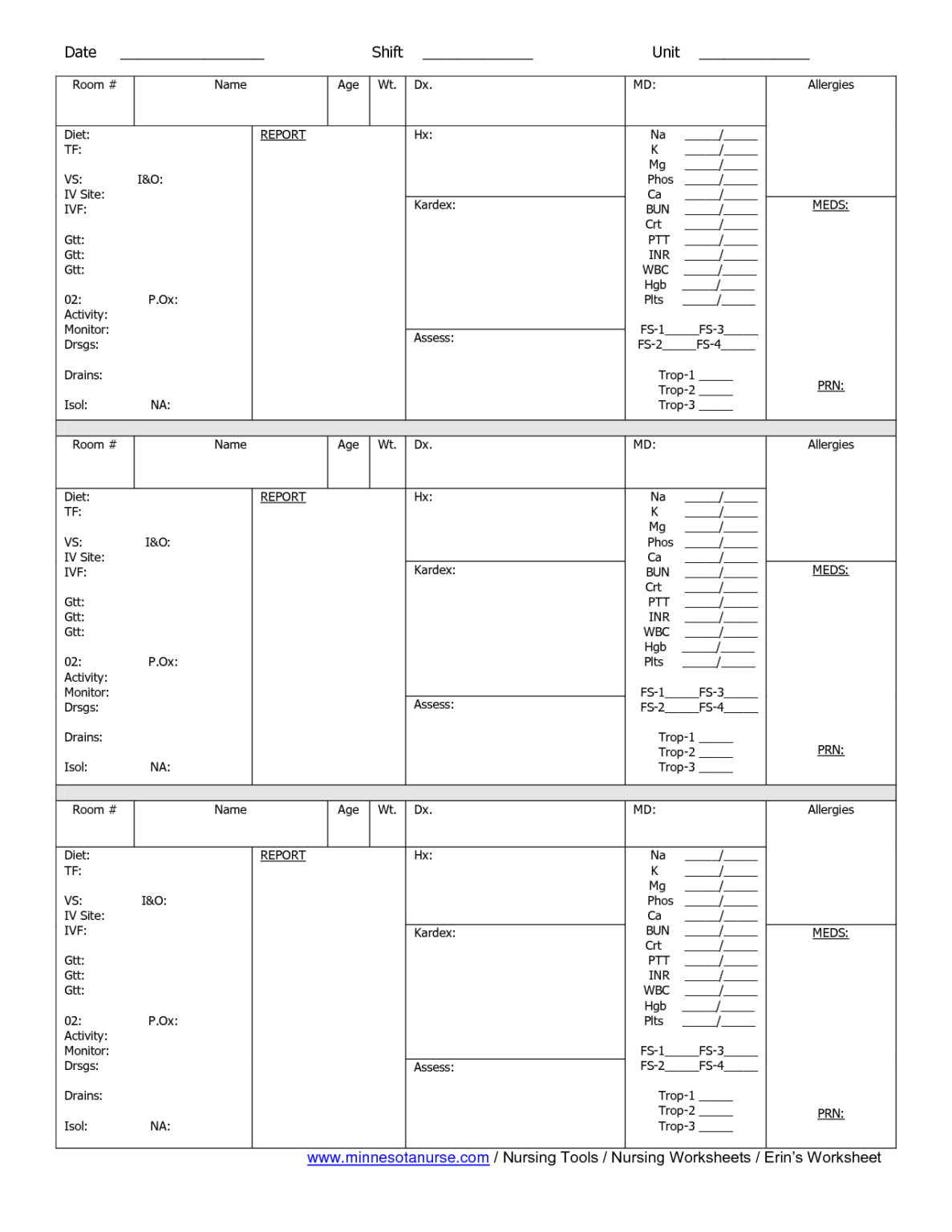 Printable Nurse Report Sheets