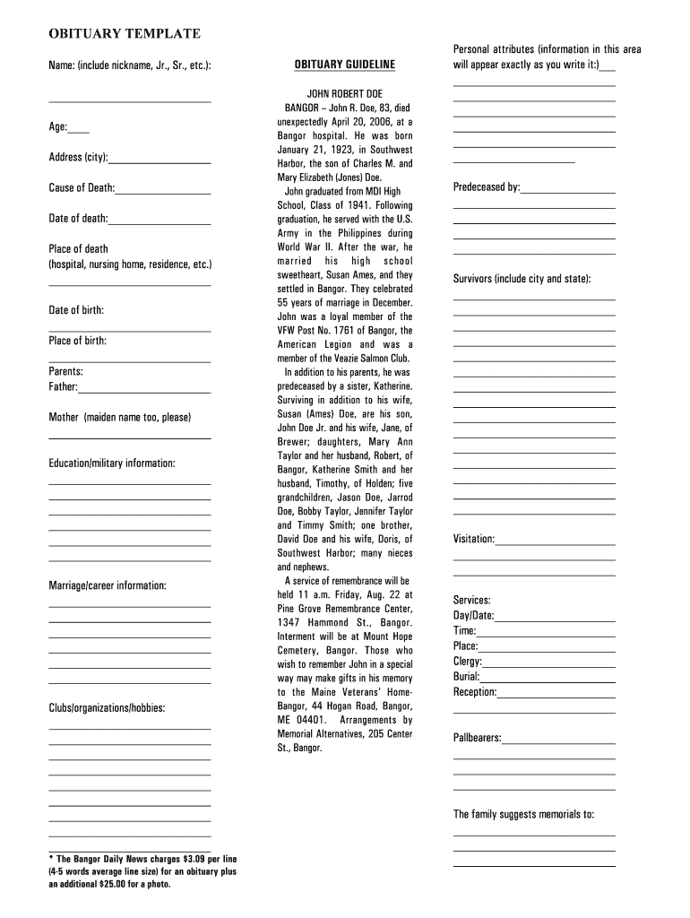 Obituary Template – Fill Online, Printable, Fillable, Blank For Fill In The Blank Obituary Template