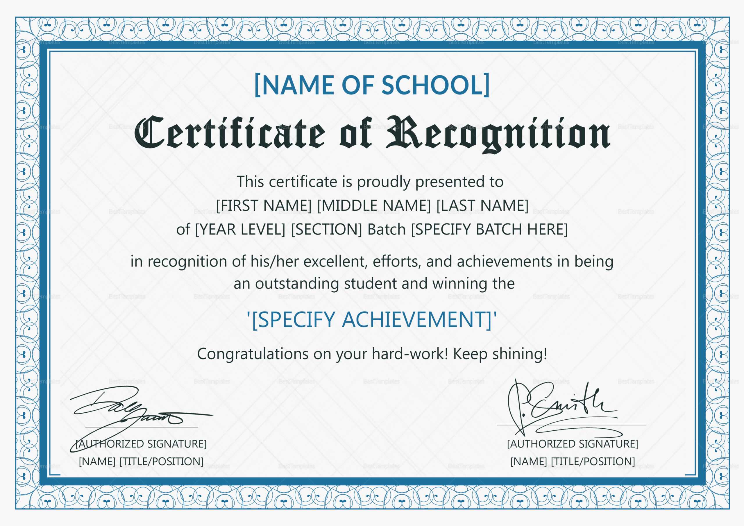 Outstanding Student Recognition Certificate Template Regarding Certificate Templates For School