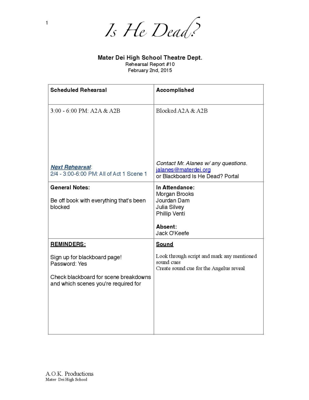 Rehearsal Report Template