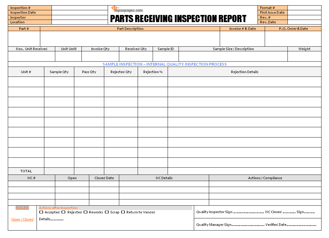 Parts Receiving Inspection Report Format With Part Inspection Report Template