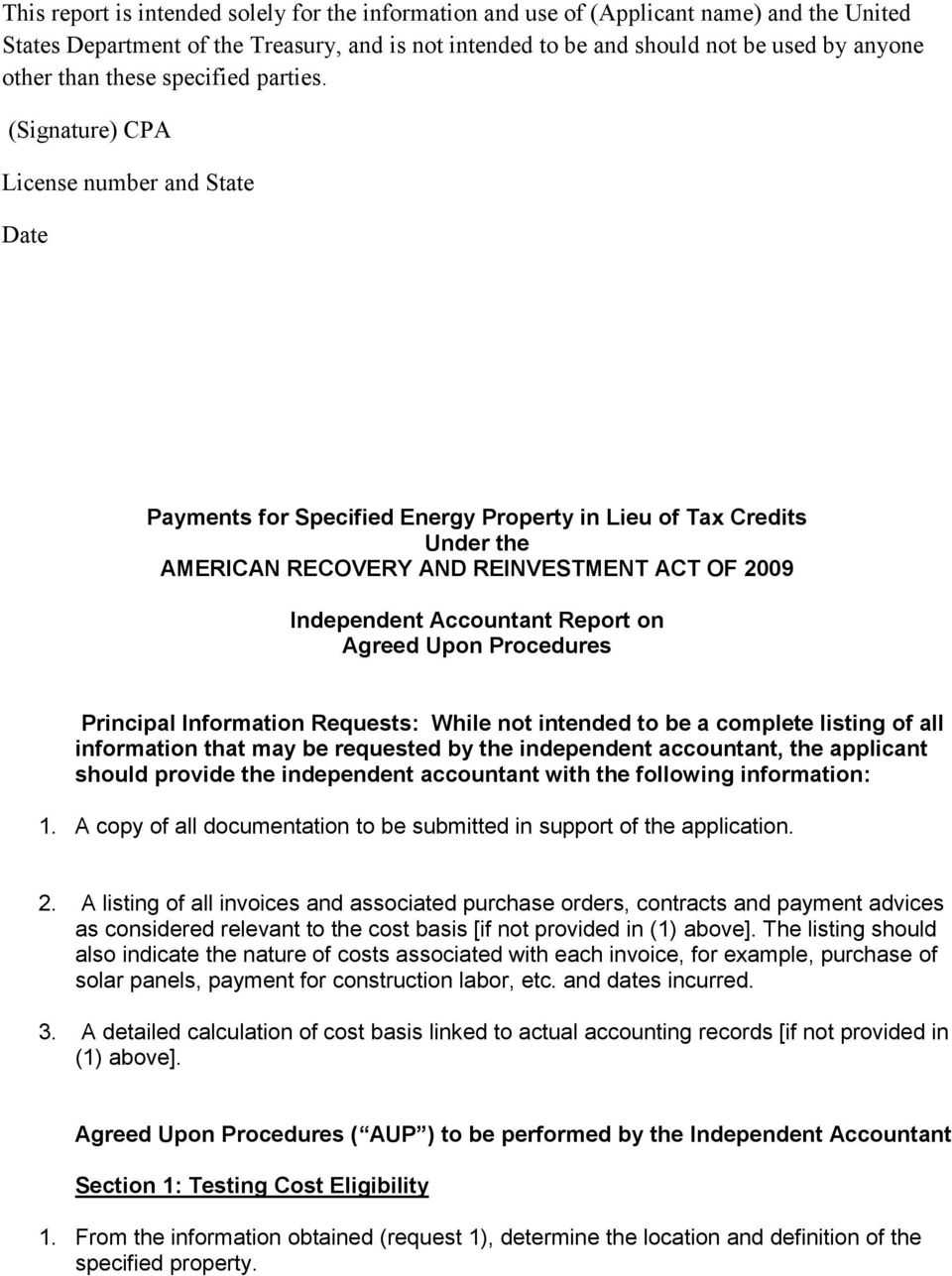 Payments For Specified Energy Property In Lieu Of Tax With Regard To Agreed Upon Procedures Report Template