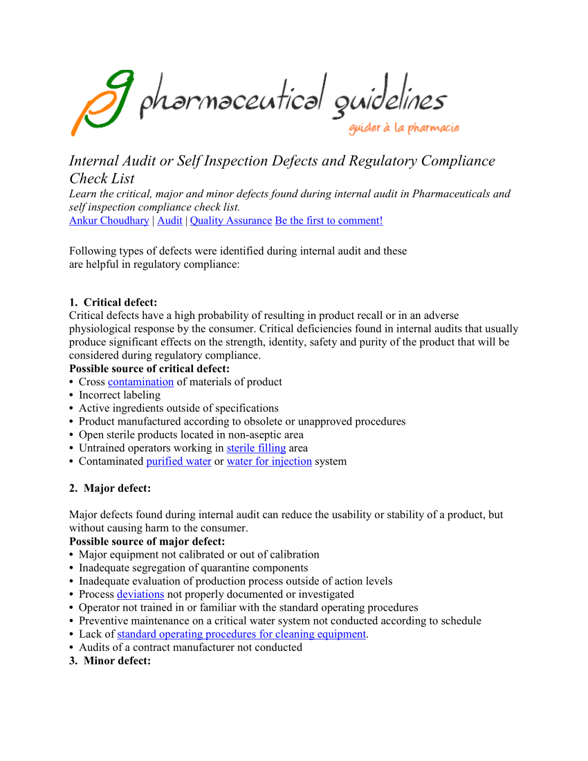 Pdf) Pharmaceutical Self Inspection Defects And Check List Regarding Gmp Audit Report Template
