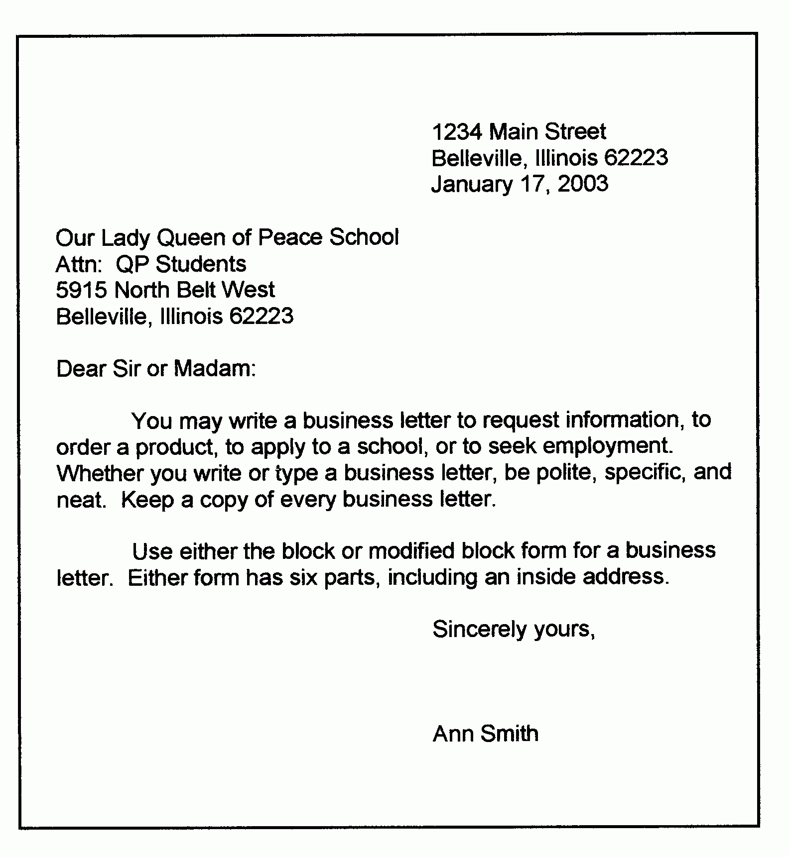 Personal Business Letter Format | Sample Business Letter In Modified Block Letter Template Word