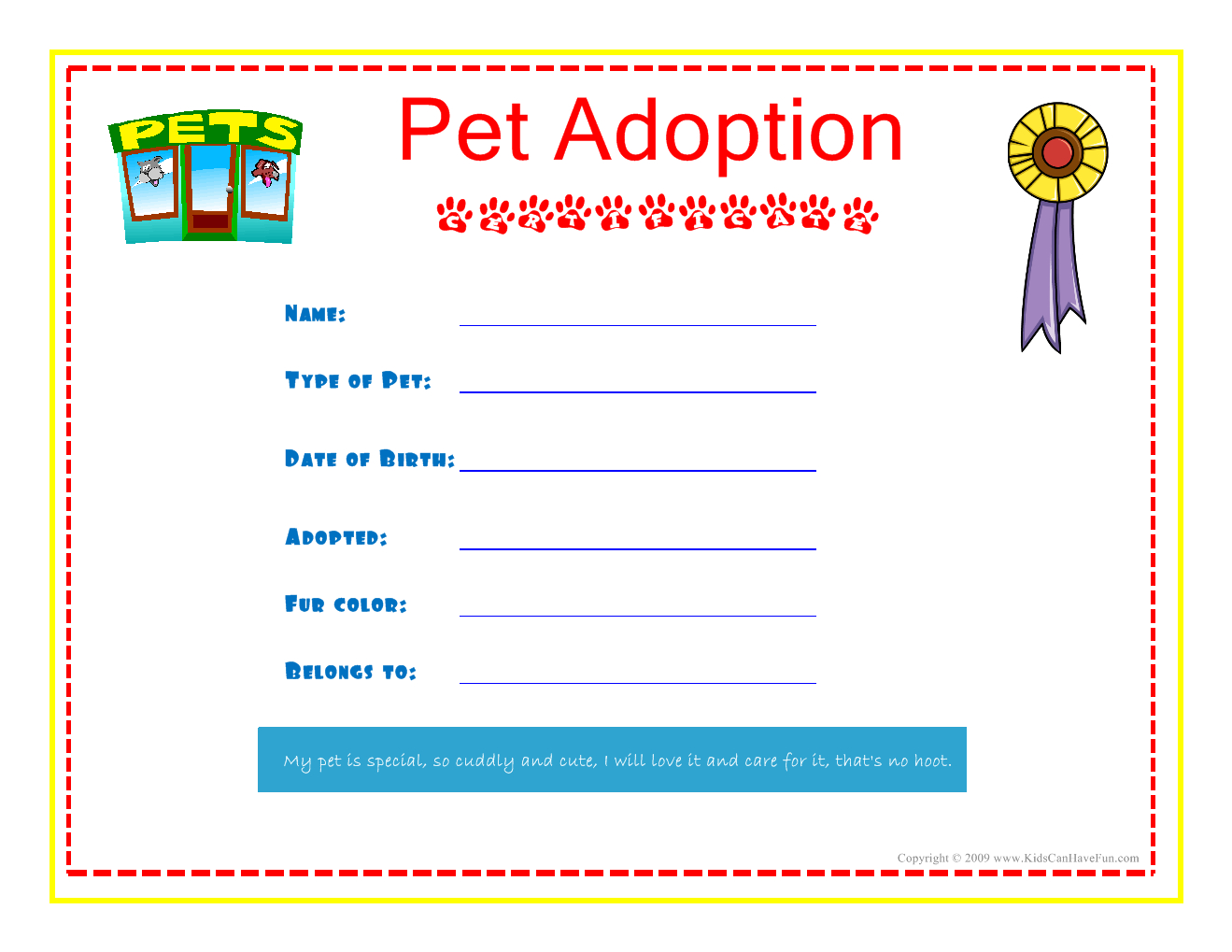 Pet Adoption Certificate For The Kids To Fill Out About In Pet Adoption Certificate Template