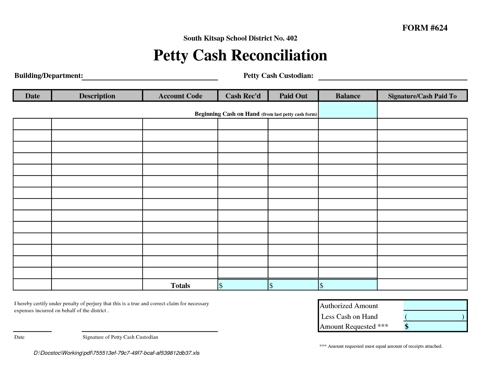 Petty Cash Reconciliation Form Template | Templates Intended For Petty Cash Expense Report Template