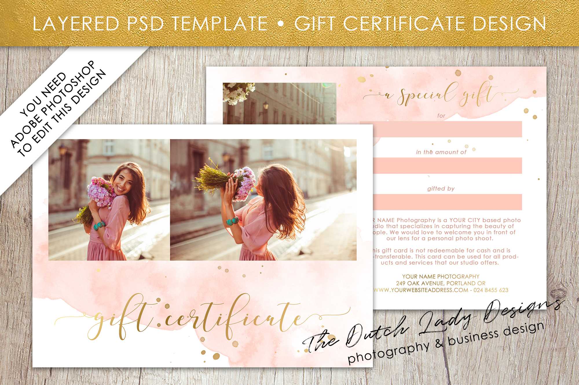 Photography Gift Certificate Template – Photo Gift Card – Watercolor Style  – Layered .psd Files – Design #43 In Gift Certificate Template Photoshop