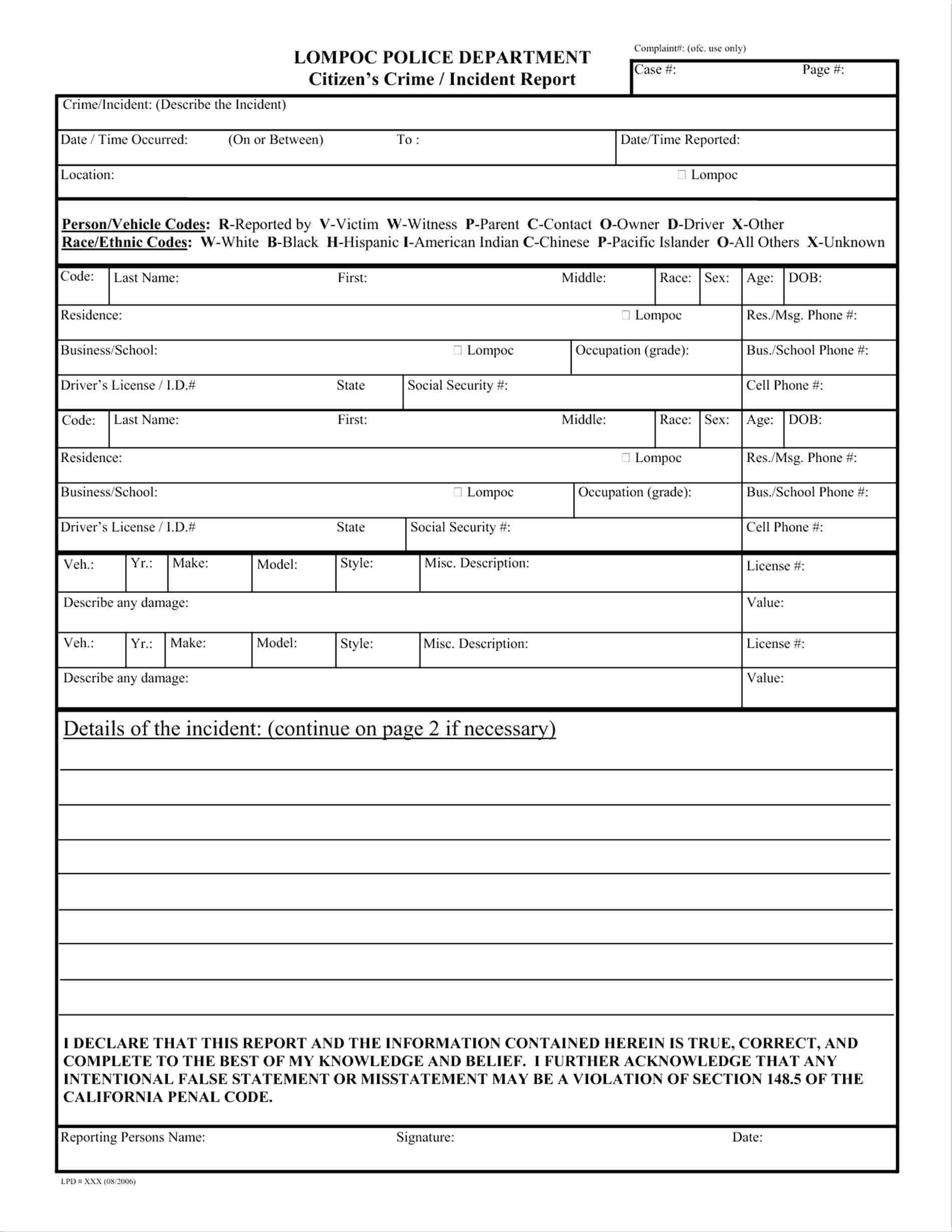 Police Incident Report Form Template – Diadeveloper Intended For Generic Incident Report Template