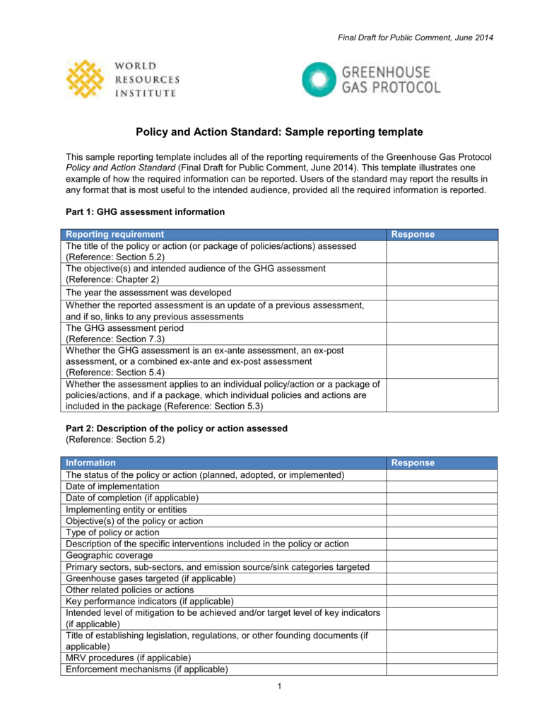 Policy And Action Standard – Sample Reporting Template For Reporting Requirements Template