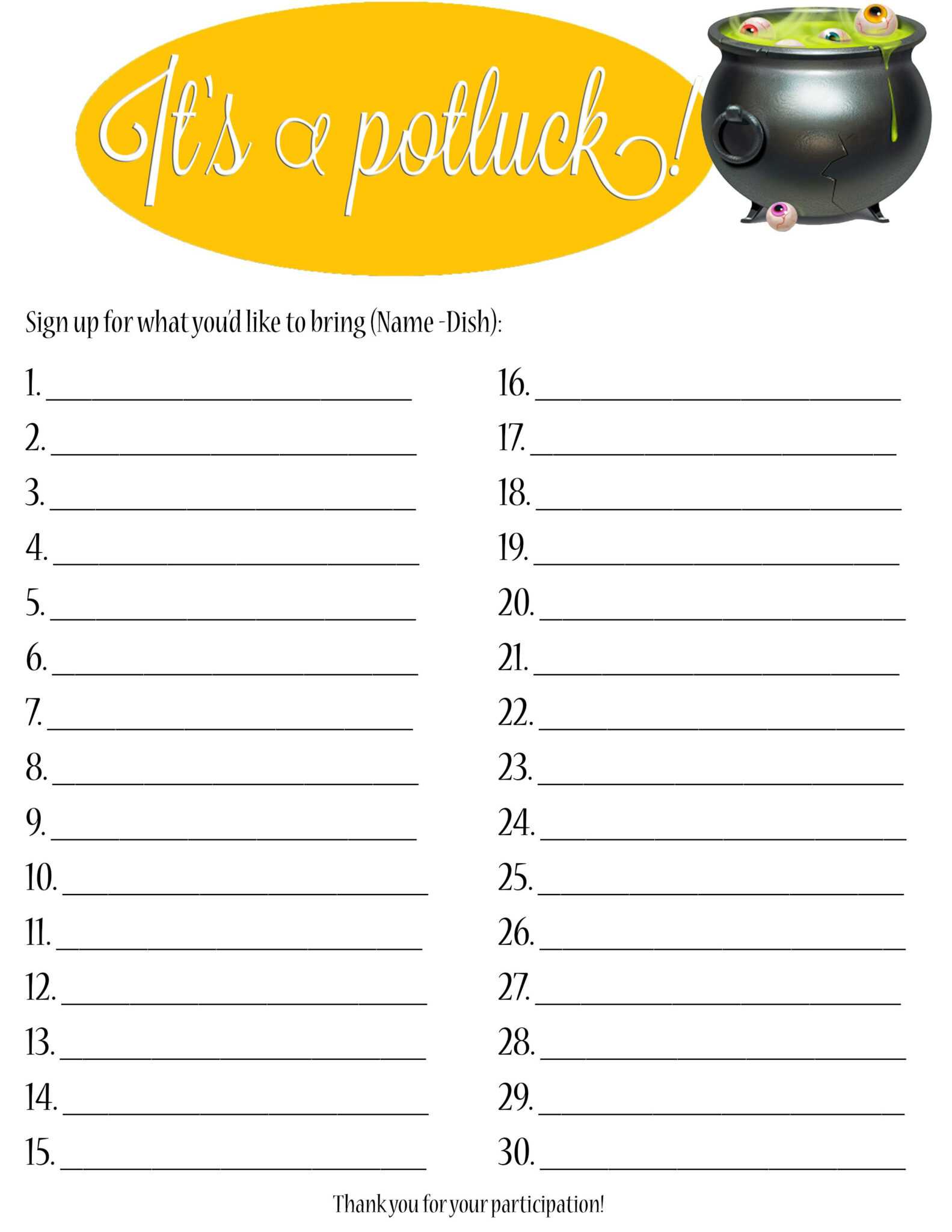 Potluck Signup Sheet Template Word