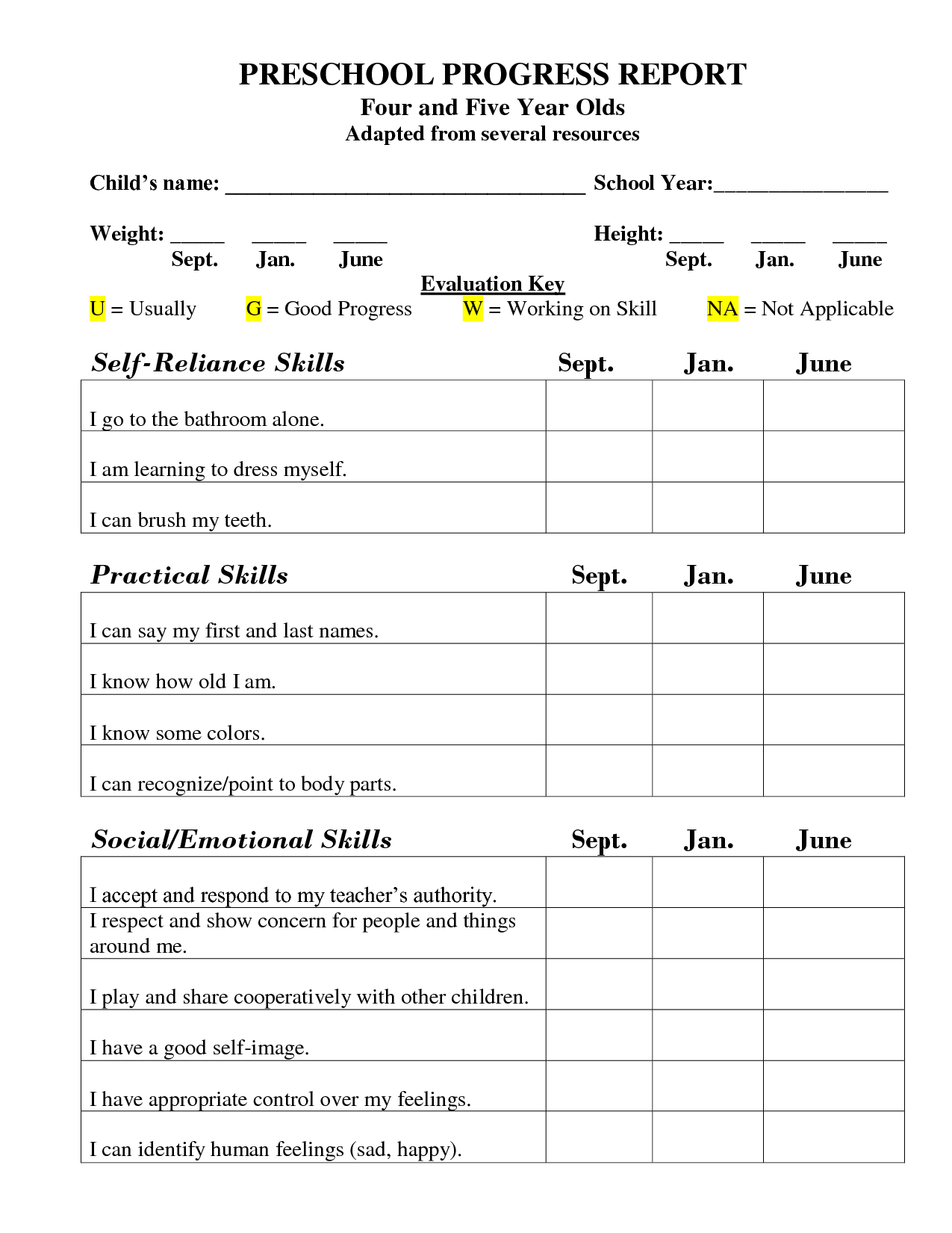 Preschool Progress Report Template | School Report Card With Regard To Preschool Progress Report Template
