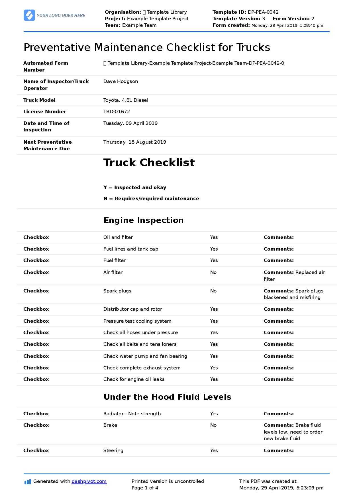 Preventative Maintenance Checklist For Trucks (Diesel Trucks With Regard To Computer Maintenance Report Template