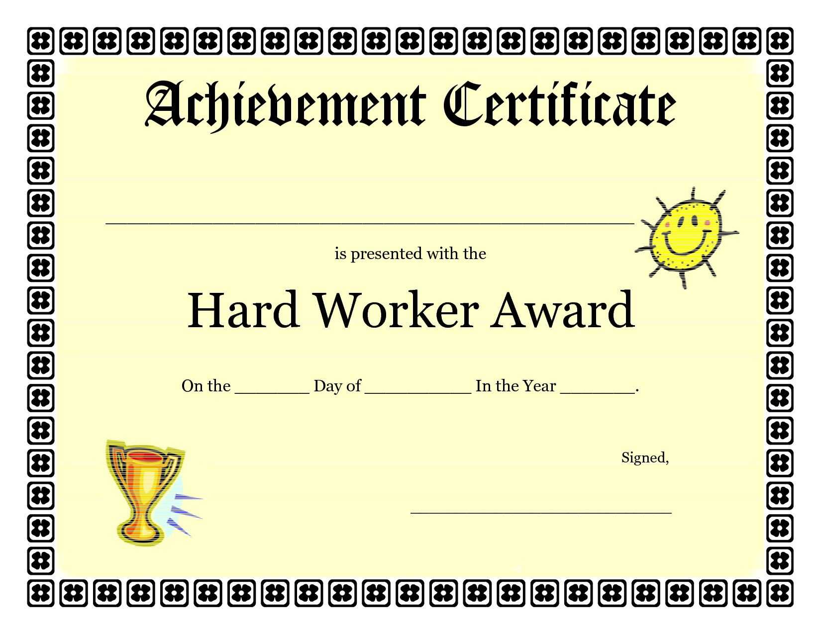 Printable Achievement Certificates Kids | Hard Worker In Certificate Of Accomplishment Template Free