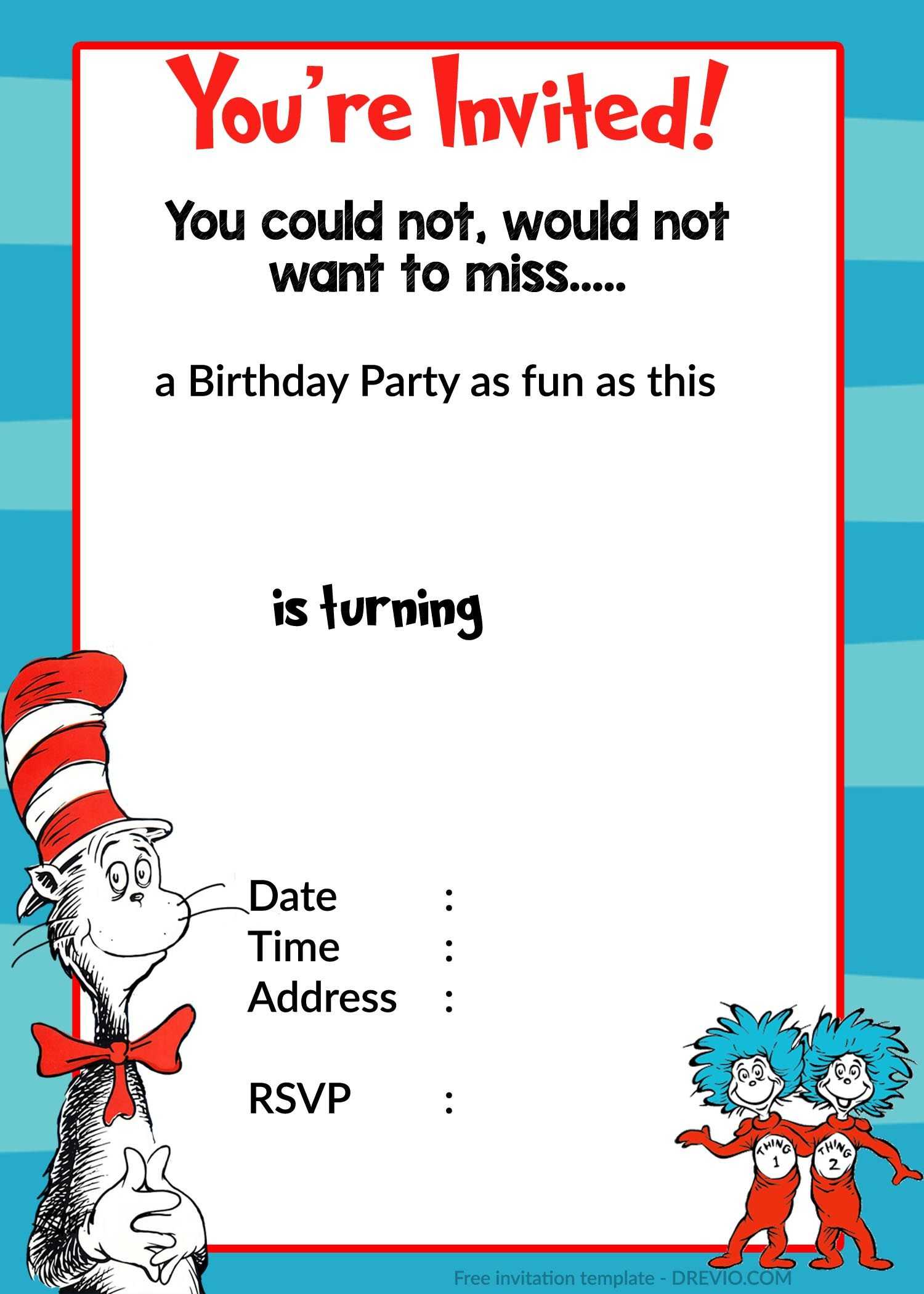 Printable Dr. Seuss Birthday Invitation | Birthday Throughout Dr Seuss Birthday Card Template