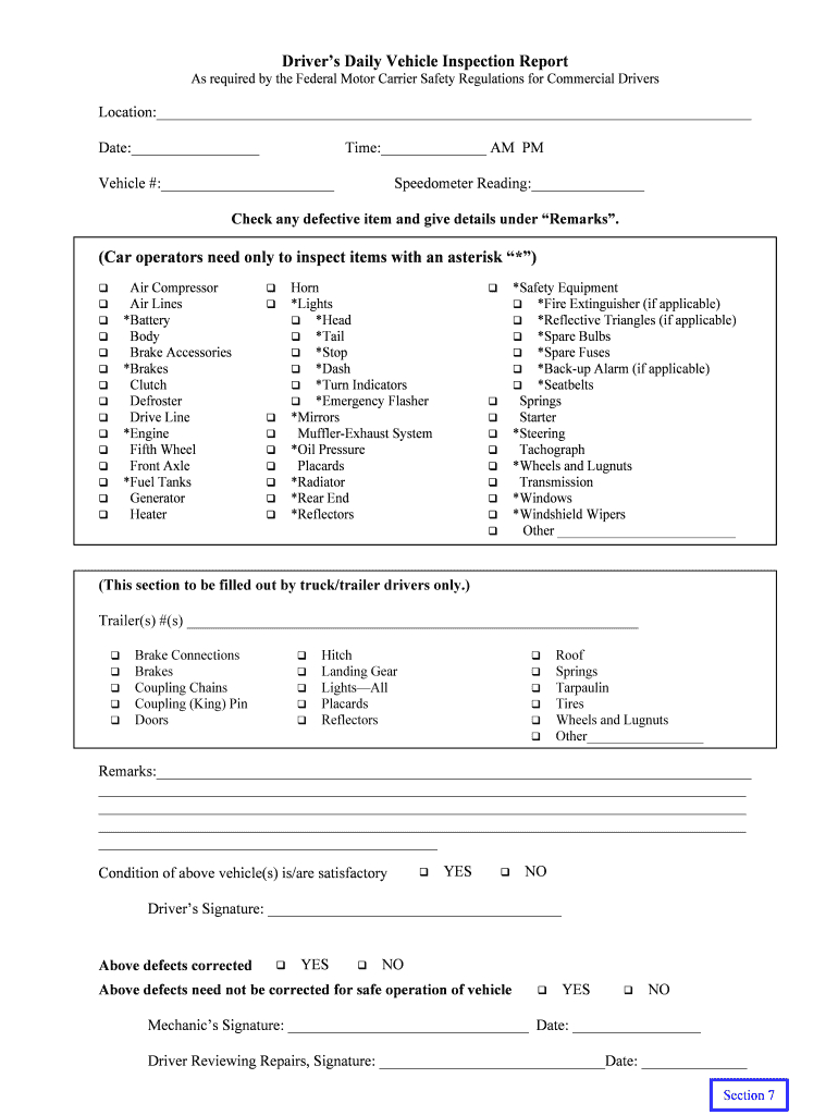 Printable Driver Vehicle Inspection Report Form – Fill With Regard To Daily Inspection Report Template
