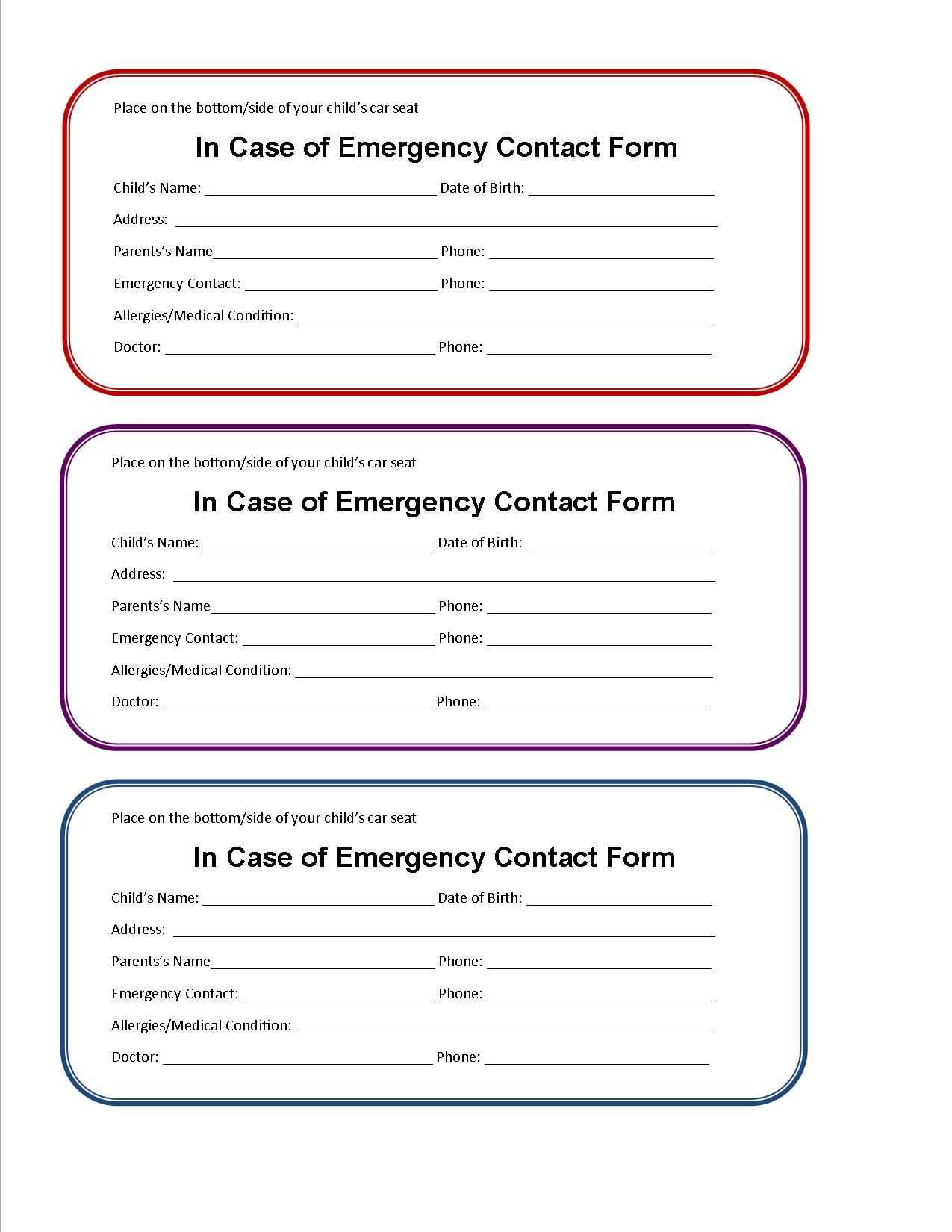 Printable Emergency Contact Form For Car Seat | Emergency Inside In Case Of Emergency Card Template