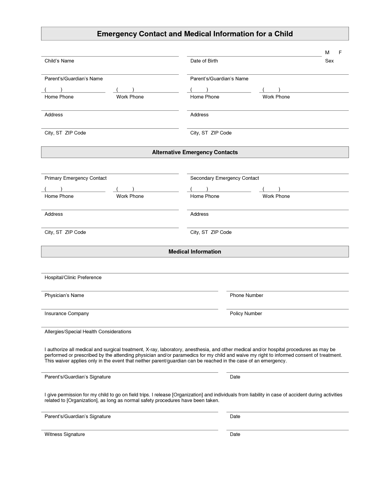 Printable Emergency Contact Form Template | Emergency For Student Information Card Template