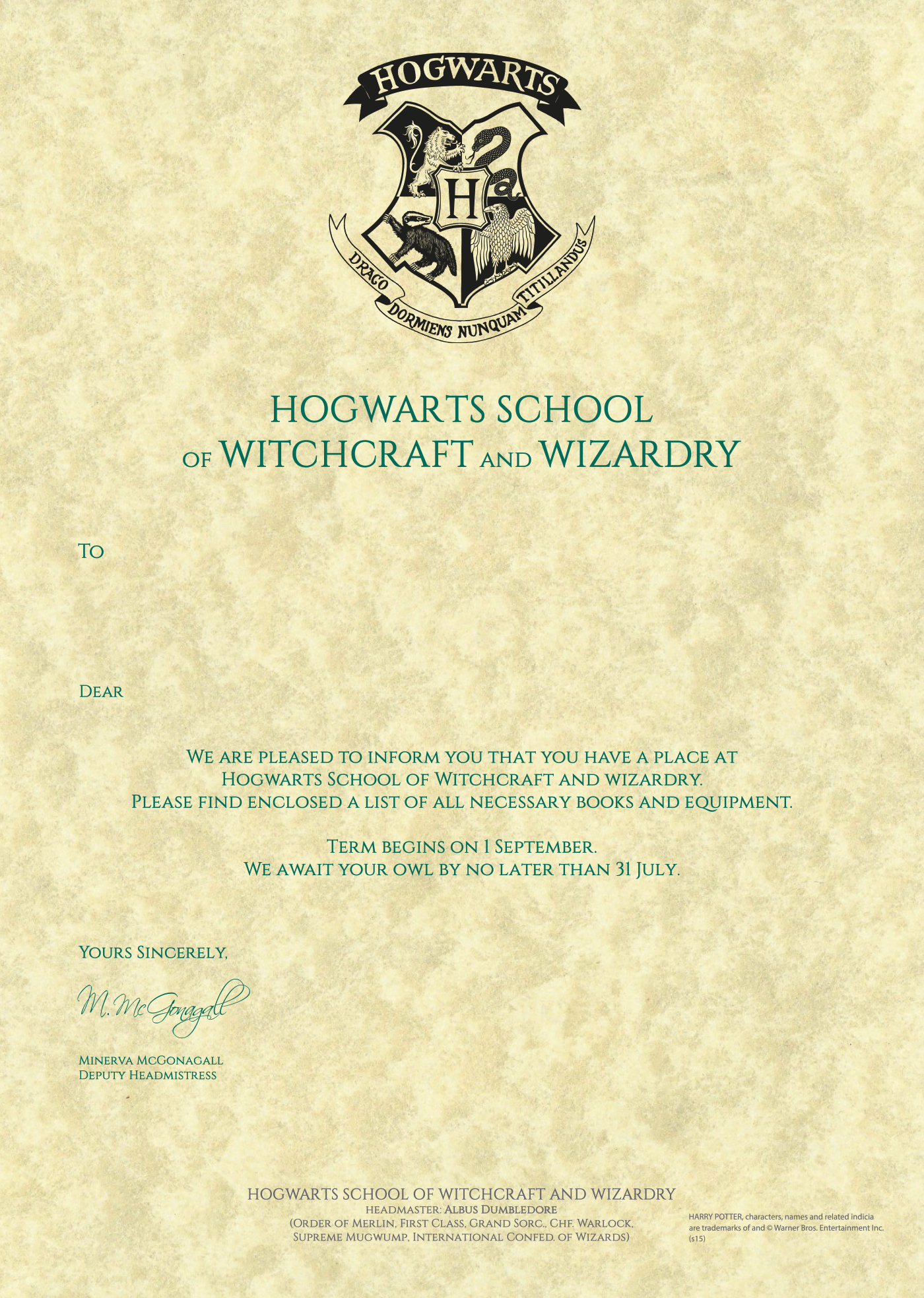 Printable Hogwarts Acceptance Letter Sample Envelope Free Inside Harry Potter Certificate Template