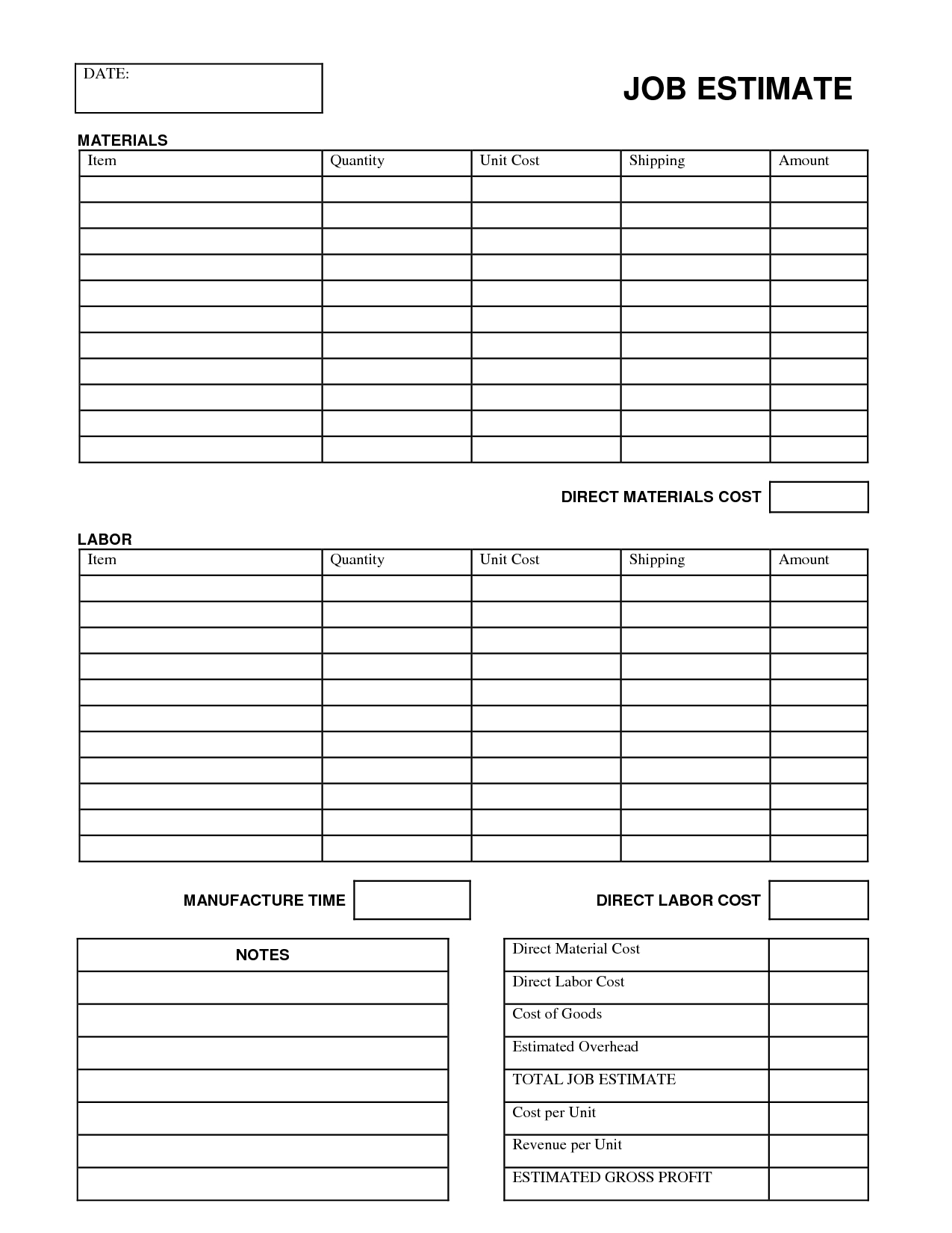 Printable Job Estimate Forms | Job Estimate Free Office Form For Construction Cost Report Template