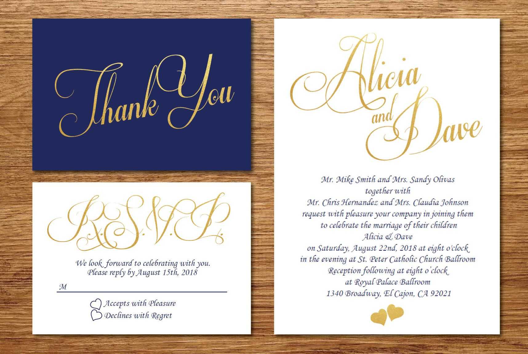Printable Navy Blue And Gold Wedding Invitation/wedding Pertaining To Wedding Card Size Template