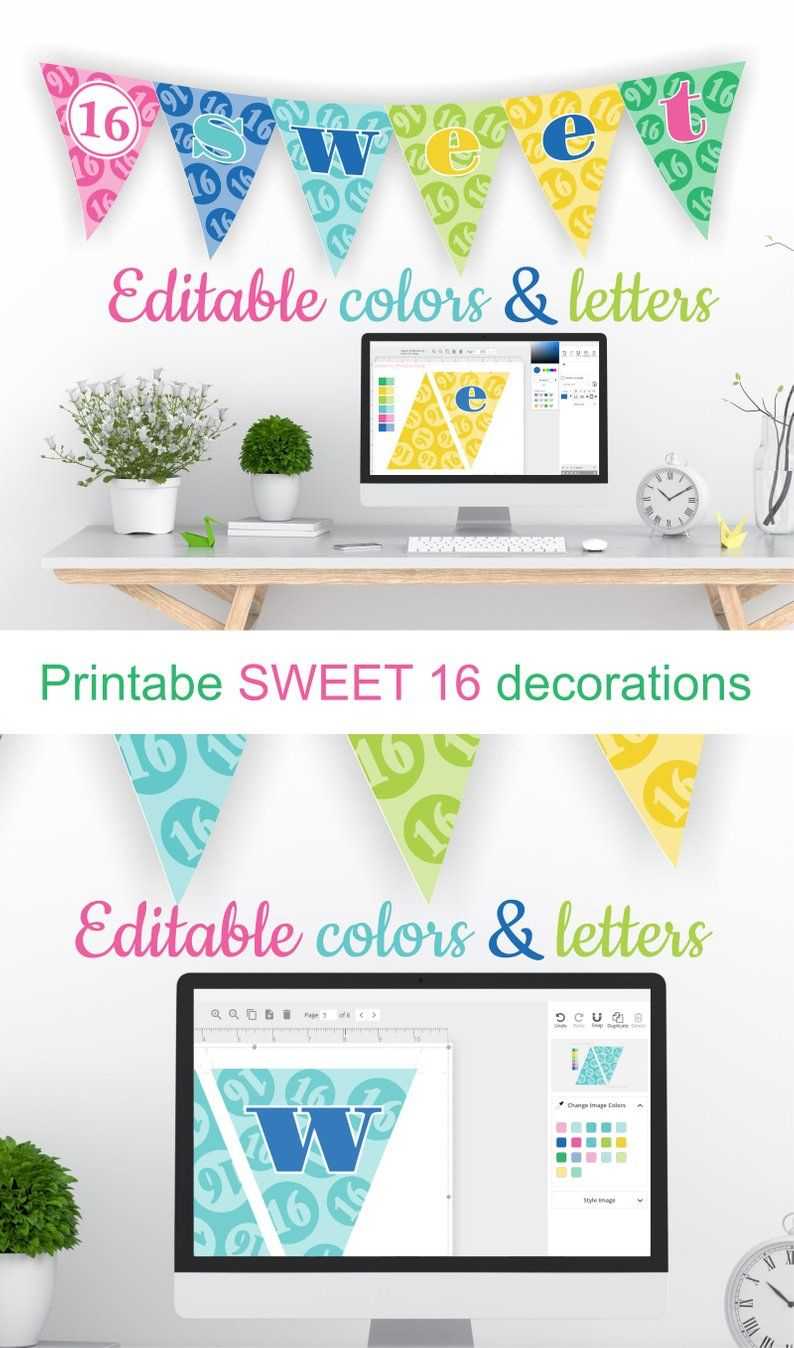 Printable Sweet 16 Decorations - Editable Banner - Customize For Sweet 16 Banner Template