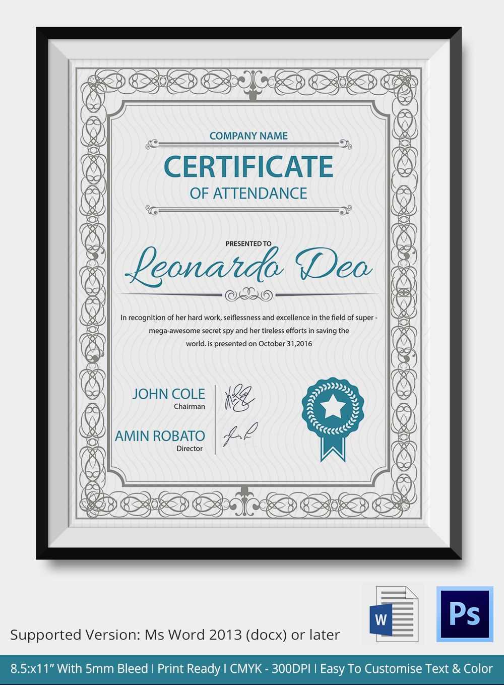 Professional Editable Certificate Of Attendance Template Pertaining To Professional Certificate Templates For Word