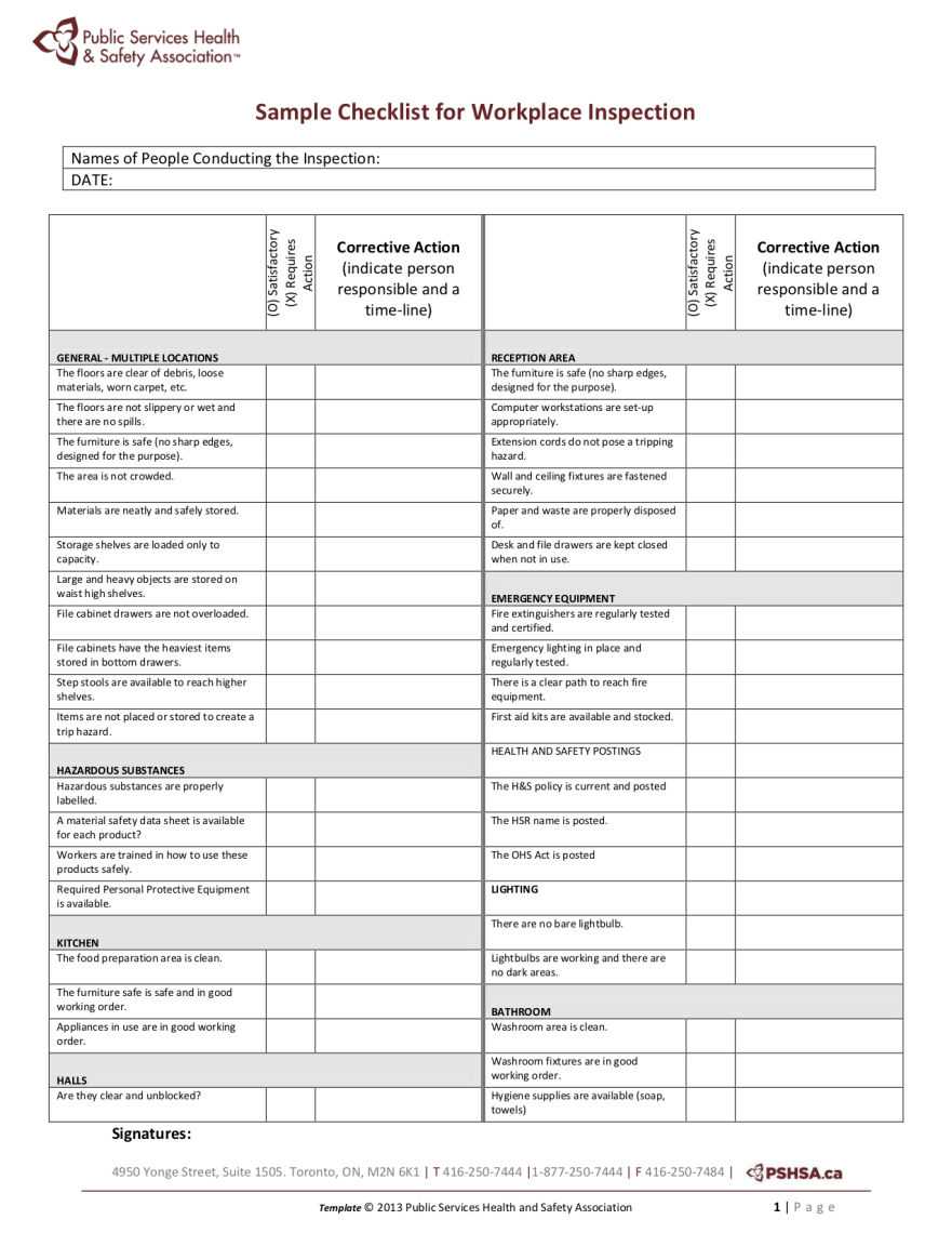 Pshsa | Sample Workplace Inspection Checklist Pertaining To Monthly Health And Safety Report Template