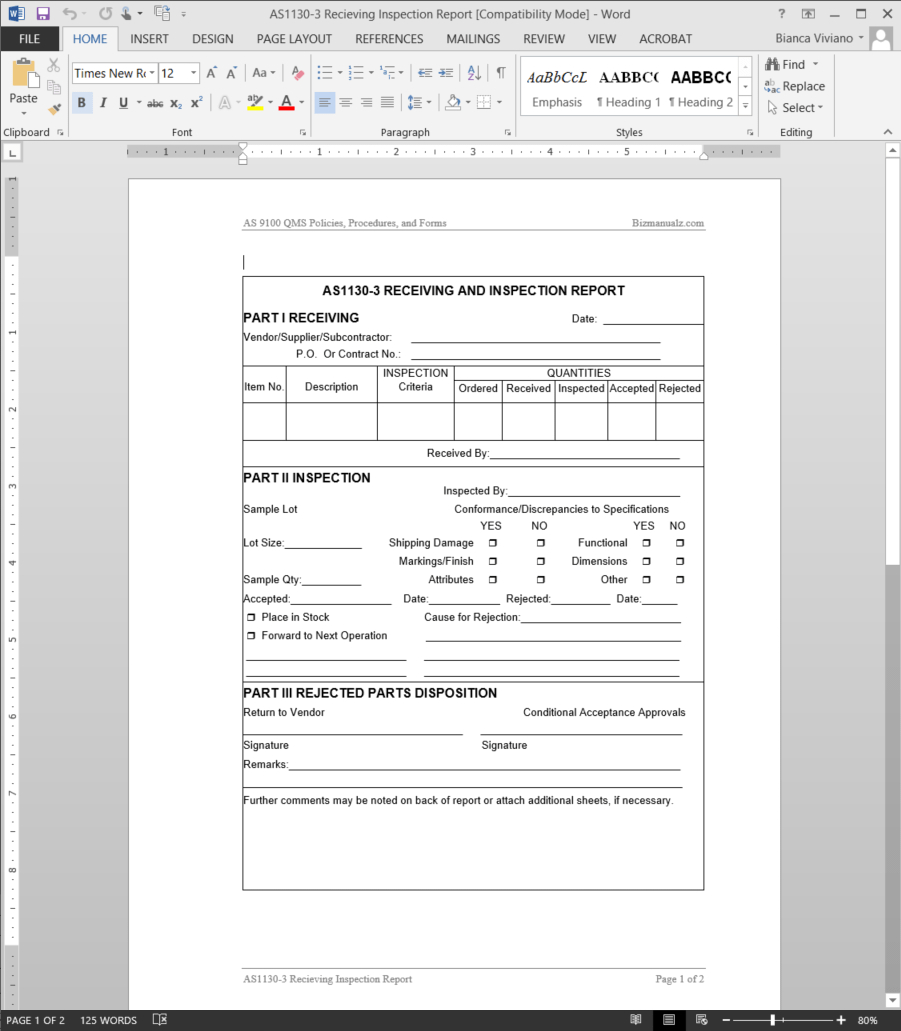 Receiving Inspection Report As9100 Template | As1130 3 With Part Inspection Report Template