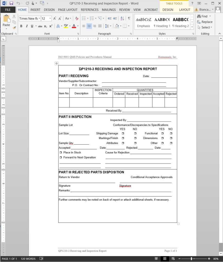 Receiving Inspection Report Iso Template | Qp1210 3 Pertaining To Part Inspection Report Template