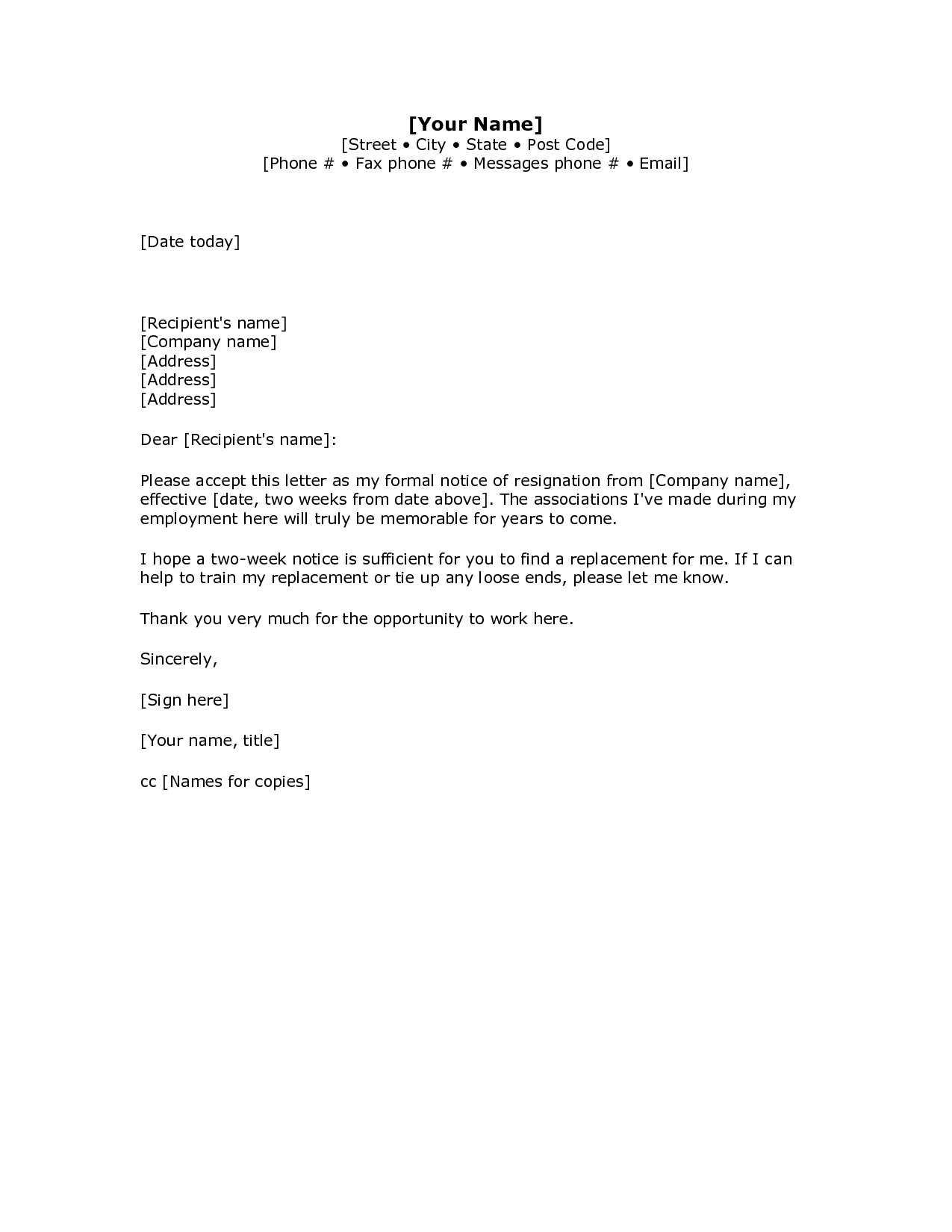 Resignation Letter Template Word Collection | Letter With Regard To 2 Weeks Notice Template Word