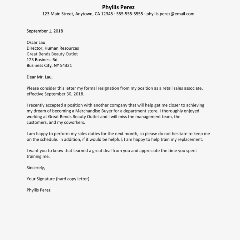 Retail Job Resignation Letter Sample in 2 Weeks Notice Template Word