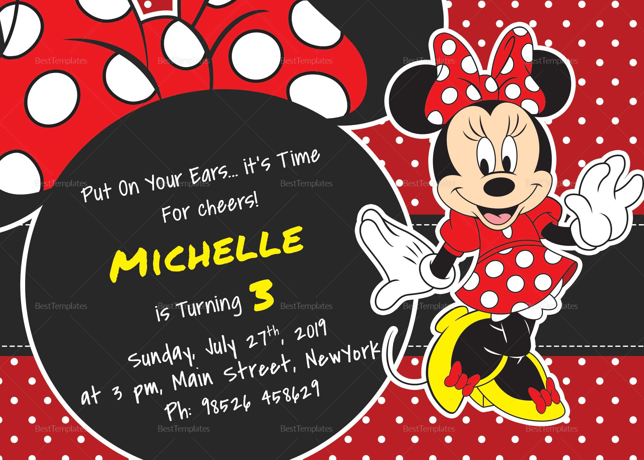 Rocking Minnie Mouse Birthday Invitation Card Template Regarding Minnie Mouse Card Templates