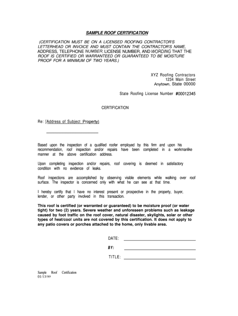 Roof Certification Form Template Fill Online Printable Within Roof