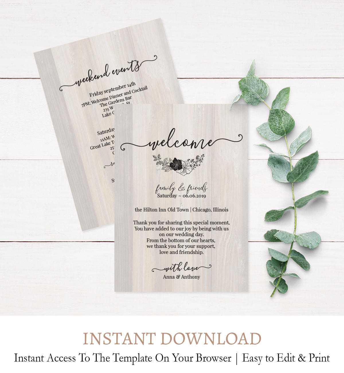 Rustic Wood Wedding Itinerary Template, Rustic Wedding Itinerary Rustic  Wedding Thank You Card Printable C4 Pertaining To Template For Wedding Thank You Cards