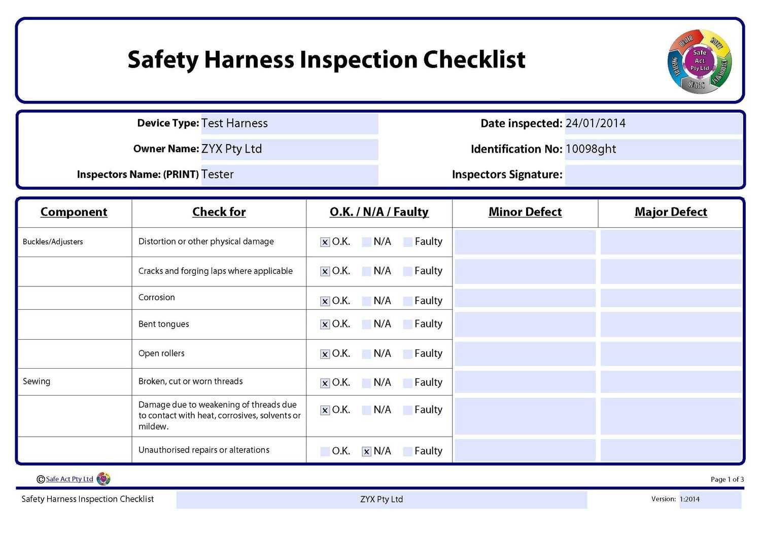 Safety Harness Inspection Checklist Regarding Certificate Of Inspection Template