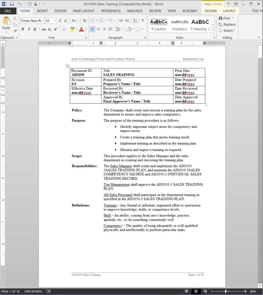 Sales Training Procedure | Ad1050 In Training Manual Template Microsoft Word