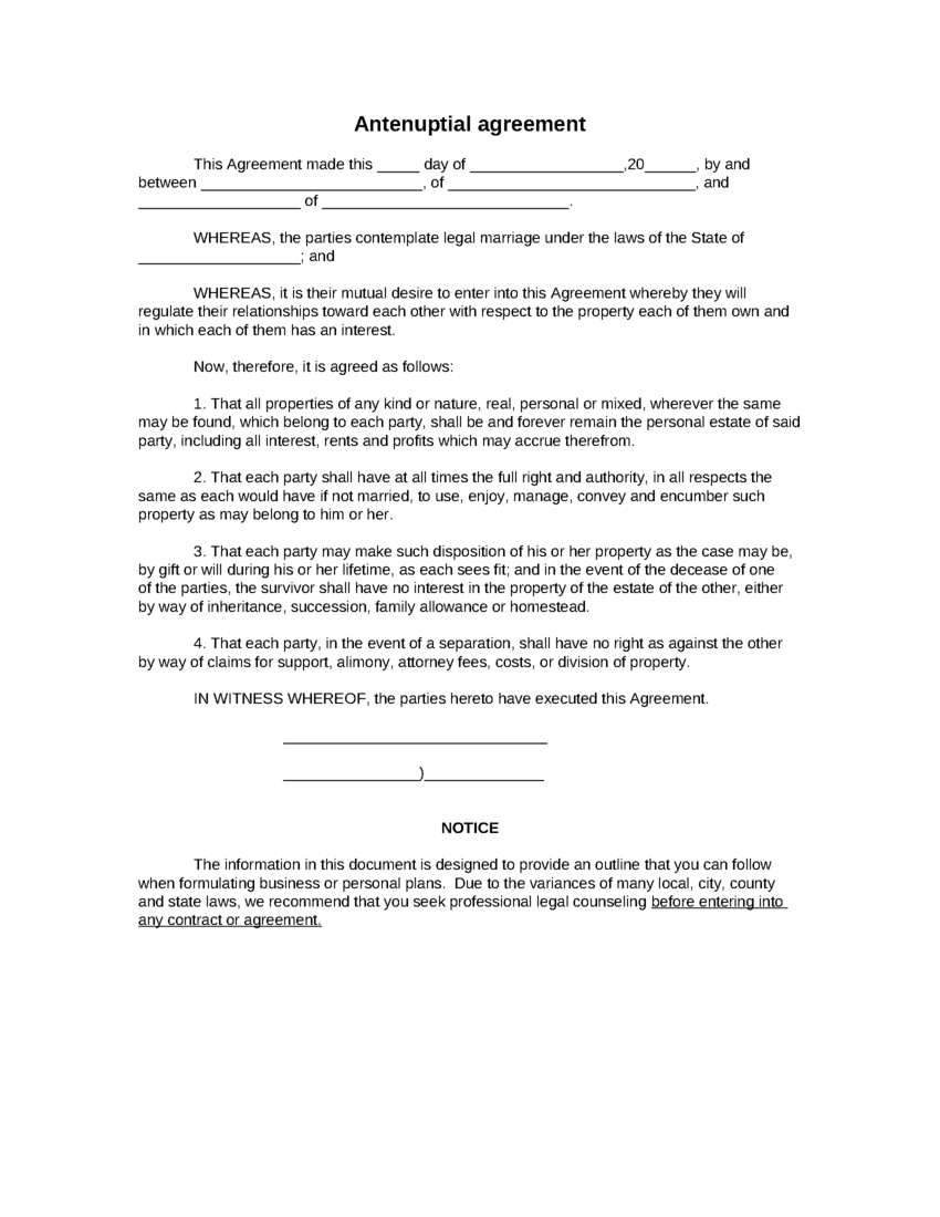 Sample Antenuptial Agreement Form, Blank Antenuptial For Blank Legal Document Template