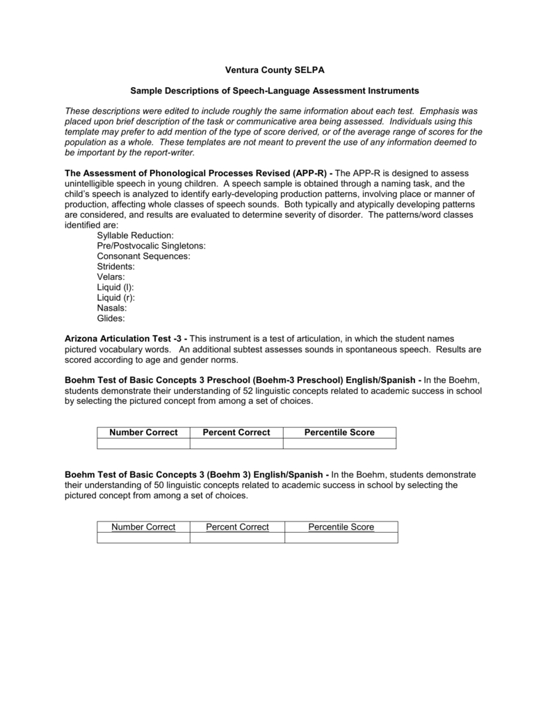 Sample Descriptions Of Speech Language Assessment Instruments Inside Speech And Language Report Template