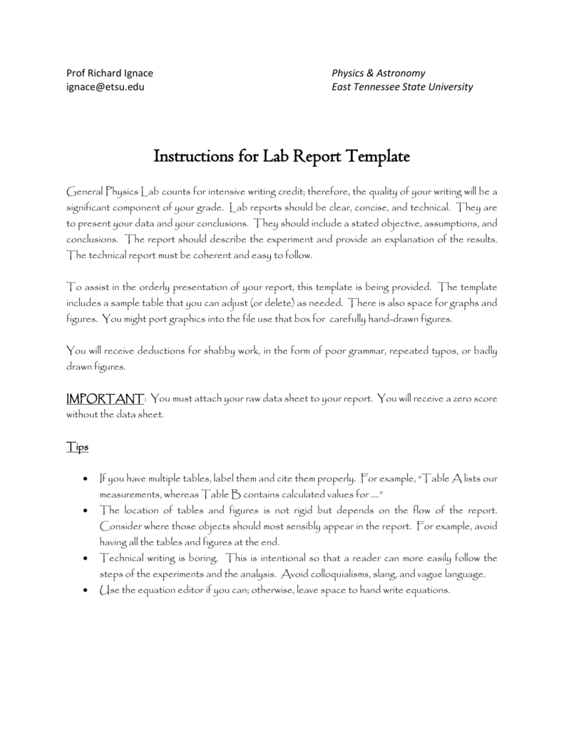 Sample Lab Report – Faculty – East Tennessee State University In Physics Lab Report Template