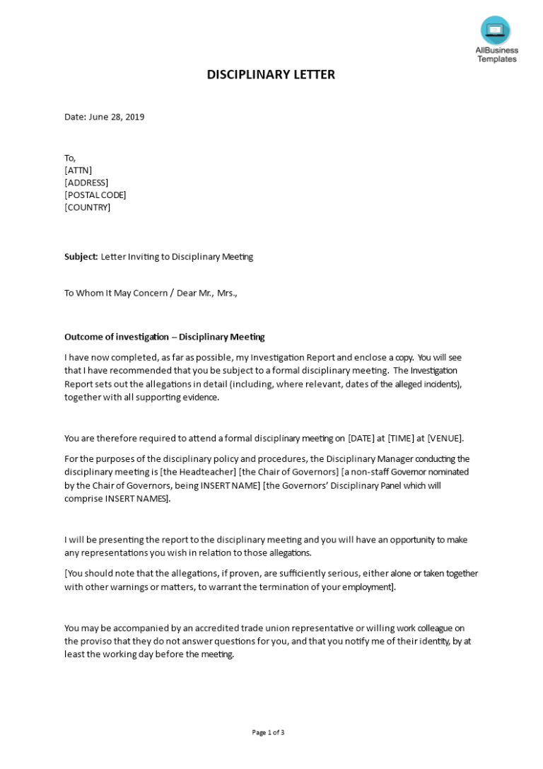 Sample Letter Inviting To Disciplinary Meeting Templates At Within