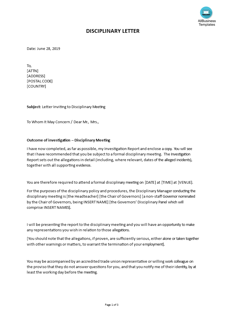 Sample Letter Inviting To Disciplinary Meeting | Templates At Within Investigation Report Template Disciplinary Hearing